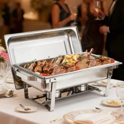 Rektangulære varmefade - 4-pak chafing dish - Stor 9,91 l pr. fad - Rustfrit stål - Komplet sæt med låg, brændstofholder og tænger - Buffetvarmer Sale