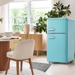 Kombineret Køle- & Fryseskab>Retro Køleskab, Dobbeltdør, 72L køleskab, 21L fryser, 120 kWh/år, LED-lys, Flerfarvet, Energiklasse E