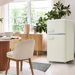 Kombineret Køle- & Fryseskab>Retro Køleskab, Dobbeltdør, 72L køleskab, 21L fryser, 120 kWh/år, LED-lys, Flerfarvet, Energiklasse E