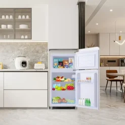 Kombineret Køle- & Fryseskab>Retro Køleskab, Dobbeltdør, 72L køleskab, 21L fryser, 120 kWh/år, LED-lys, Flerfarvet, Energiklasse E