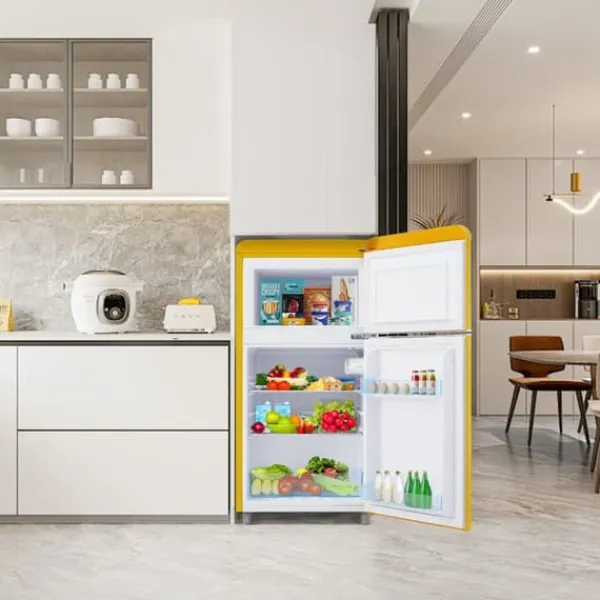 Retro Køleskab, Dobbeltdør, 72L køleskab, 21L fryser, 120 kWh/år, LED-lys, Flerfarvet, Energiklasse E Best