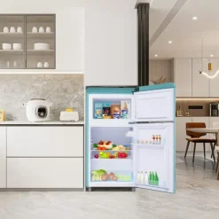 Kombineret Køle- & Fryseskab>Retro Køleskab, Dobbeltdør, 72L køleskab, 21L fryser, 120 kWh/år, LED-lys, Flerfarvet, Energiklasse E