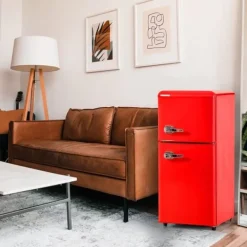 Kombineret Køle- & Fryseskab>Retro Køleskab, Gefrier Kombination, 88,8 cm, 60L Køleskab, 22L Fryser, 102 kWh/år, LED Lys, Premium Rød, Energiklasse E