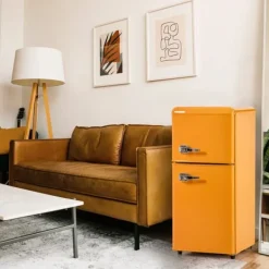 Kombineret Køle- & Fryseskab>Retro-køleskab, Gefr. Kombi, 86,8 cm, 60L, 22L fryser, 102 kWh/år, Gul, Energiklasse E
