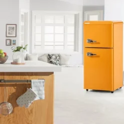Retro-køleskab, Gefr. Kombi, 86,8 cm, 60L, 22L fryser, 102 kWh/år, Gul, Energiklasse E