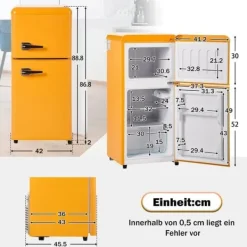 Retro-køleskab, Gefr. Kombi, 86,8 cm, 60L, 22L fryser, 102 kWh/år, Gul, Energiklasse E