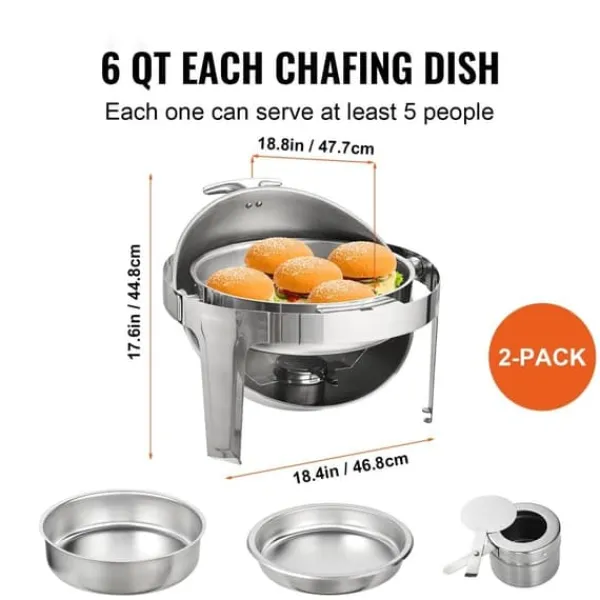 Roll Top Chafing skål Buffet Sæt, 6 Qt 2-pak, Rustfrit stål Chafer med 2 pander, Rund Catering Varmer til 5+ personer. Sale
