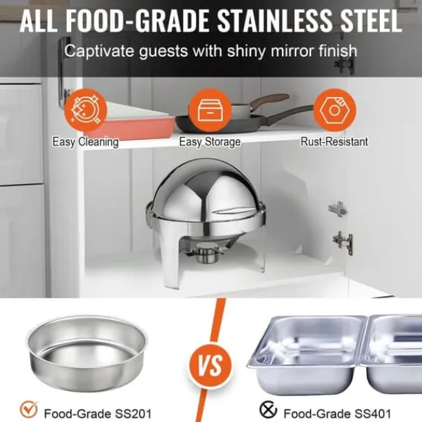 Roll Top Chafing skål Buffet Sæt, 6 Qt 2-pak, Rustfrit stål Chafer med 2 pander, Rund Catering Varmer til 5+ personer. Sale