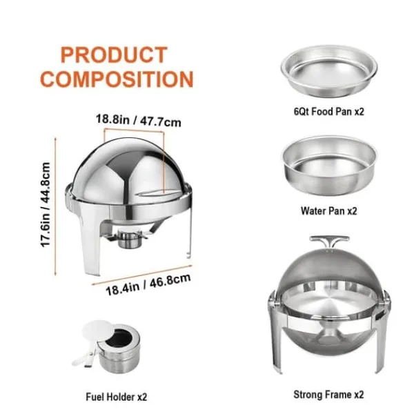 Roll Top Chafing skål Buffet Sæt, 6 Qt 2-pak, Rustfrit stål Chafer med 2 pander, Rund Catering Varmer til 5+ personer. Sale