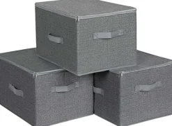 Rootz Opbevaringsbokse - Sæt med 3 - Låg - Sammenfoldelig - Stof - Håndtag - Grå - 40 x 30 x 25 cm Discount