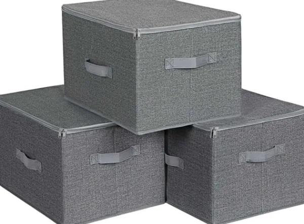 Rootz Opbevaringsbokse - Sæt med 3 - Låg - Sammenfoldelig - Stof - Håndtag - Grå - 40 x 30 x 25 cm Discount