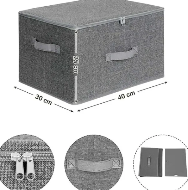 Rootz Opbevaringsbokse - Sæt med 3 - Låg - Sammenfoldelig - Stof - Håndtag - Grå - 40 x 30 x 25 cm Discount