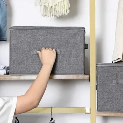 Rootz Opbevaringsbokse - Sæt med 3 - Låg - Sammenfoldelig - Stof - Håndtag - Grå - 40 x 30 x 25 cm Discount