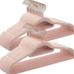Tøj- & Garderobeopbevaring>Rootz tøjbøjler - 50 stykker - Fløjl - Anti-Slip - Pladsbesparende - Pink - Guld - 45 x 0,6 x 23,5 cm