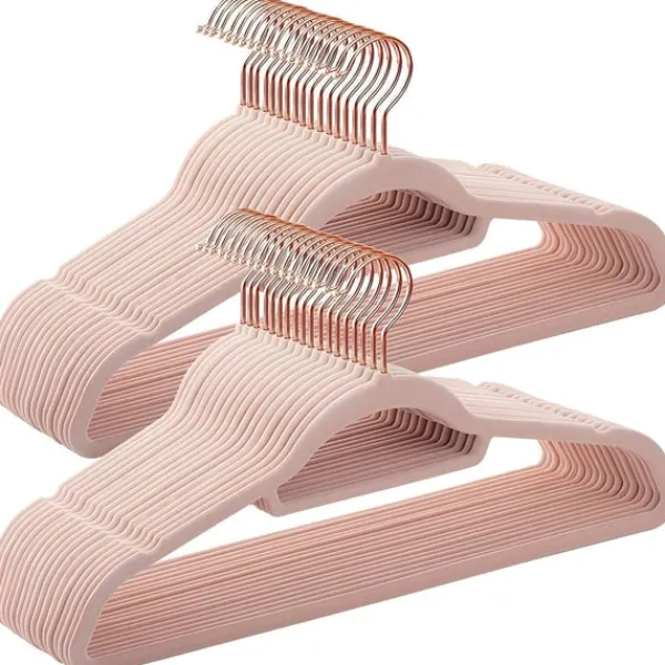 Tøj- & Garderobeopbevaring>Rootz tøjbøjler - 50 stykker - Fløjl - Anti-Slip - Pladsbesparende - Pink - Guld - 45 x 0,6 x 23,5 cm