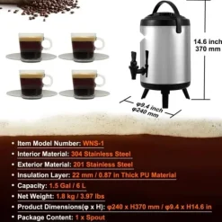 Rustfrit stål drikkevaredispenser, 1,5 gallon (6 liter), termisk servering til varme og kolde drikke. Fødevaregodkendt til te, kaffe og vand. Online