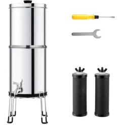 Rustfrit stål 2,25G vandfilter bordpladesystem med tyngdekraft, 2 filtre, effektiv vandrensning til hjemmet.