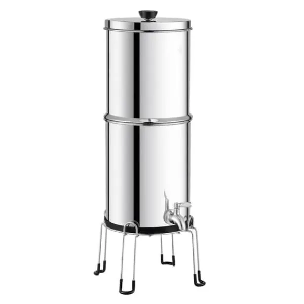 Rustfrit stål 2,25G vandfilter bordpladesystem med tyngdekraft, 2 filtre, effektiv vandrensning til hjemmet.