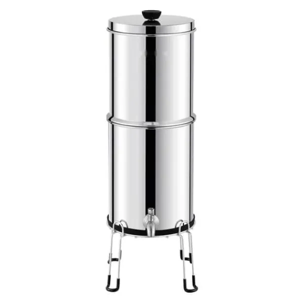 Rustfrit stål 2,25G vandfilter bordpladesystem med tyngdekraft, 2 filtre, effektiv vandrensning til hjemmet.
