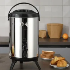 Rustfrit stål, isoleret drikkevaredispenser 7,6 liter; perfekt til varm/kold te, kaffe, vand — ideel til restauranter og cafeer.