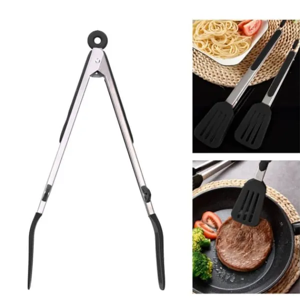 Køkkentænger>Rustfrit Stål Silikone Madspatel Klemme Mad Grill Steak Tongs Bageværktøj til Hjemmegrill 12in Sort Beslag