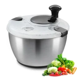 Salatspinner i rustfrit stål, 4,75 Qt, nem én-hånds tryk. Tør grøntsager og frugter hurtigt uden BPA. Perfekt til grønne urter og bær! Hot
