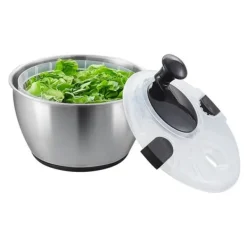 Salatspinner i rustfrit stål, 4,75 Qt, nem én-hånds tryk. Tør grøntsager og frugter hurtigt uden BPA. Perfekt til grønne urter og bær! Hot