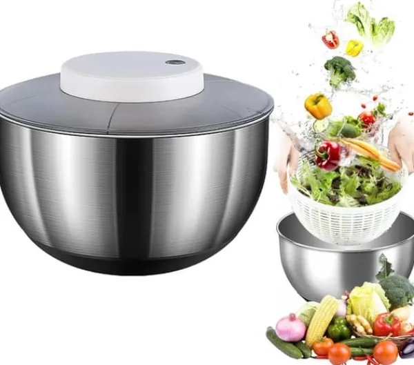 Salattørrer, 4,5L salattørrer i rustfrit stål med automatisk rotation, skridsikker bund og USB-opladning, frugt-/grøntsagstørrer med låg, stor salatt | CDON Discount