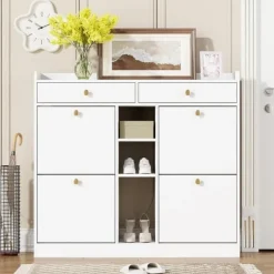 Skoskab 110 x 26 x 100 cm - med 4 låger - 2 skuffer - 3 åbne rum - hvid Discount