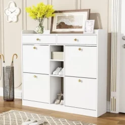 Skoskab 110 x 26 x 100 cm - med 4 låger - 2 skuffer - 3 åbne rum - hvid Discount