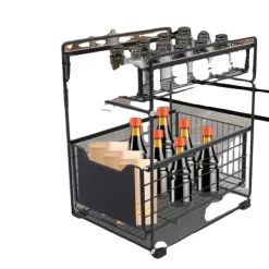 Køkkenorganisering>Skydeskabskurvestativ, Kulstofstål, 37,4*28,2*44 cm, 2-lags design, Højtemperaturfinish, Skridsikker fodpude
