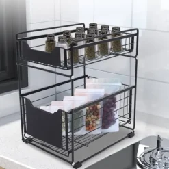 Køkkenorganisering>Skydeskabskurvestativ, Kulstofstål, 37,4*28,2*44 cm, 2-lags design, Højtemperaturfinish, Skridsikker fodpude