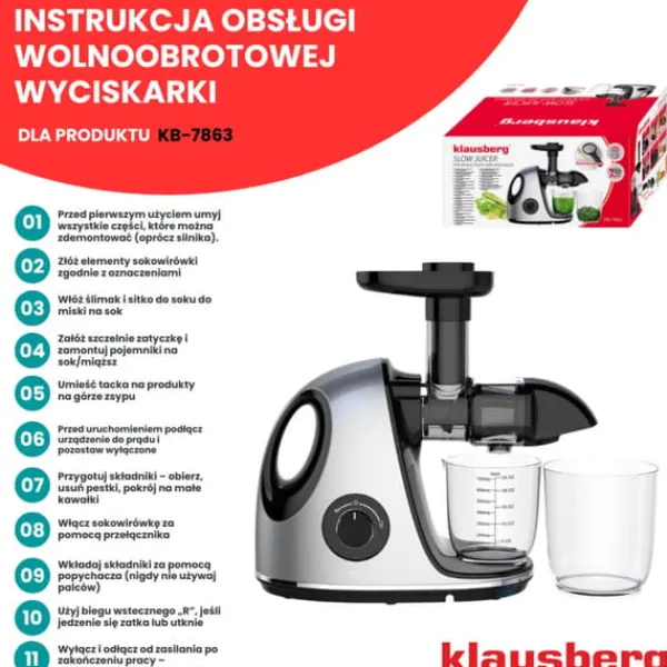 Juicepresser - Nyd Friskpresset Juice Derhjemme>Slow juicer 150W til frugt og grønt KOLDPRESSE KLAUSBERG KB-7863