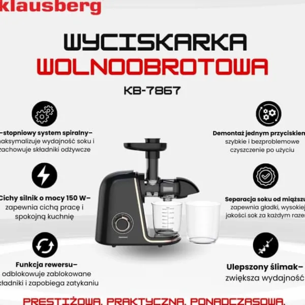 Juicepresser - Nyd Friskpresset Juice Derhjemme>Slow juicer 150W til frugt og grønt KOLDPRESSE KLAUSBERG KB-7867