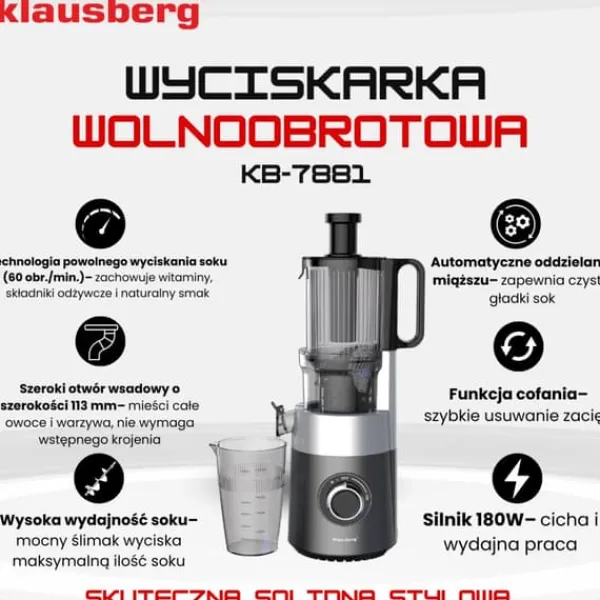 Slow juicer 180W til frugt og grønt KOLDPRESSE KLAUSBERG KB-7881 Best