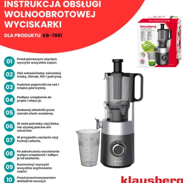 Slow juicer 180W til frugt og grønt KOLDPRESSE KLAUSBERG KB-7881 Best