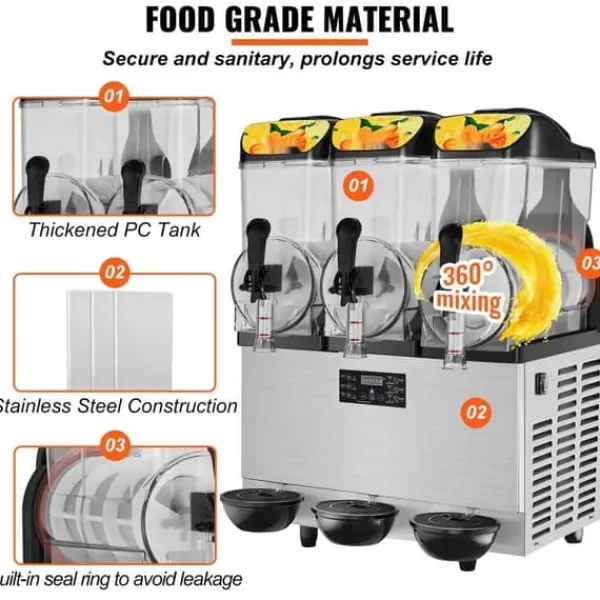Slush Ice Maskine 3 x 12L / 3,2 Gal - Triple Skål, 72 Kopper - 220V 1300W i rustfrit stål til Margarita, Smoothies og Frosne Drinks. Sale