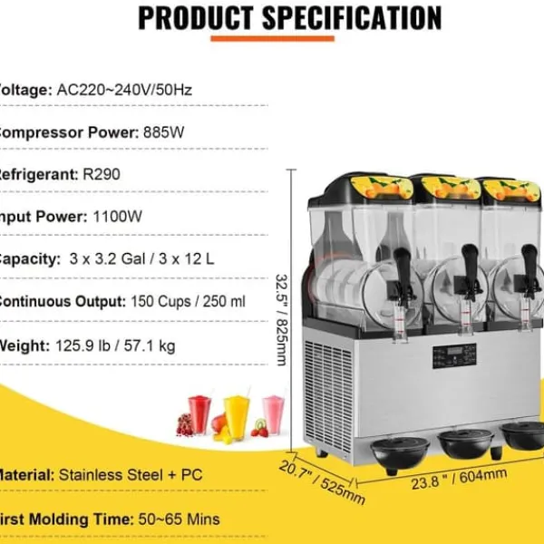 Slush Ice Maskine 3 x 12L / 3,2 Gal - Triple Skål, 72 Kopper - 220V 1300W i rustfrit stål til Margarita, Smoothies og Frosne Drinks. Sale