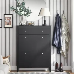 SoBuy Smalt skoskab med 2 klapdøre – 80X25X108cm | Pladsbesparende | Sort FSR89-SCH Hot