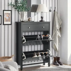 SoBuy Smalt skoskab med 2 klapdøre – 80X25X108cm | Pladsbesparende | Sort FSR89-SCH Hot