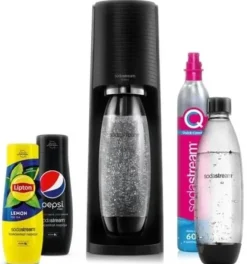 Sodastream Terra Black Saturator + CO2 patron pink 2 flasker Fuse 1l sirupper (Pepsi, Lipton) Sort Clearance