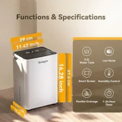 Solayce PD12R-02EE affugter, 260W, 3,2L tank, 35 dB, 90° drejning, Energibesparende, til rum op til 40 m², hvid