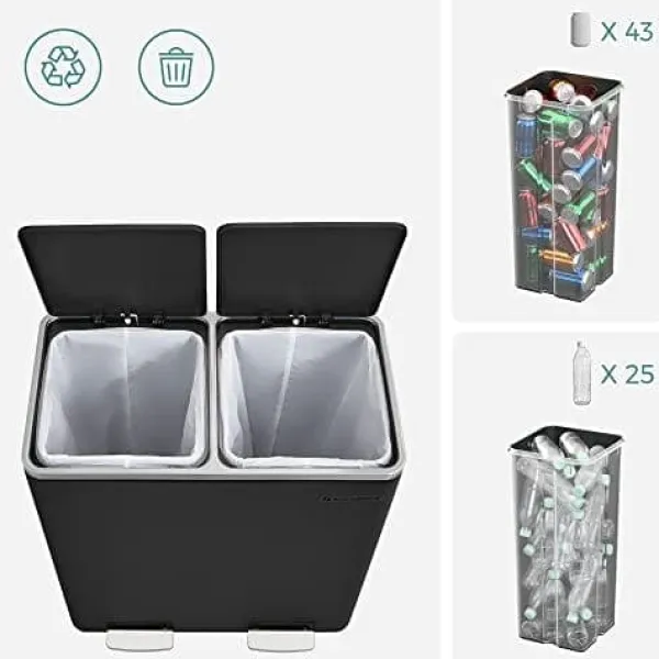 Skraldespande & Papirkurve>SONGMICS Dobbeltspand, 2 x 30L affalds- og genbrugskøkkenspand, sort