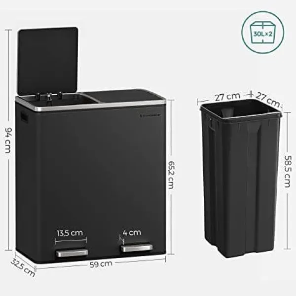 Skraldespande & Papirkurve>SONGMICS Dobbeltspand, 2 x 30L affalds- og genbrugskøkkenspand, sort