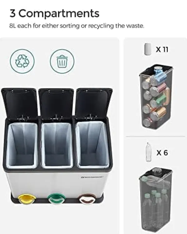Skraldespande & Papirkurve>Songmics Recycling Bin, 3-in-1 Pedal Bin, 24-Liter Metal Rubbish Bin, sølv