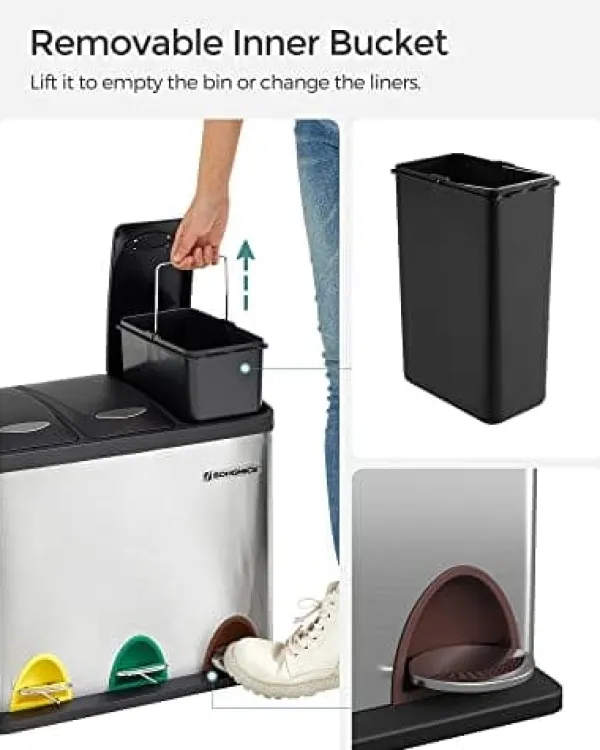 Skraldespande & Papirkurve>Songmics Recycling Bin, 3-in-1 Pedal Bin, 24-Liter Metal Rubbish Bin, sølv