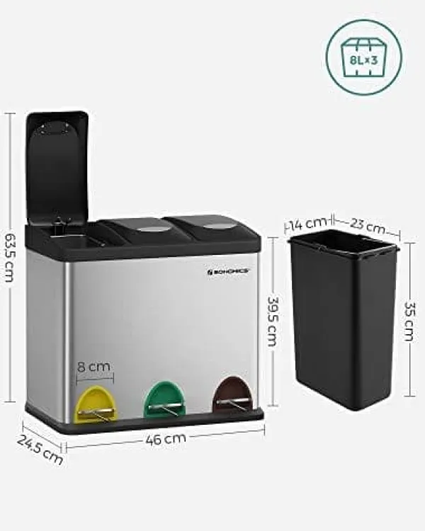 Skraldespande & Papirkurve>Songmics Recycling Bin, 3-in-1 Pedal Bin, 24-Liter Metal Rubbish Bin, sølv