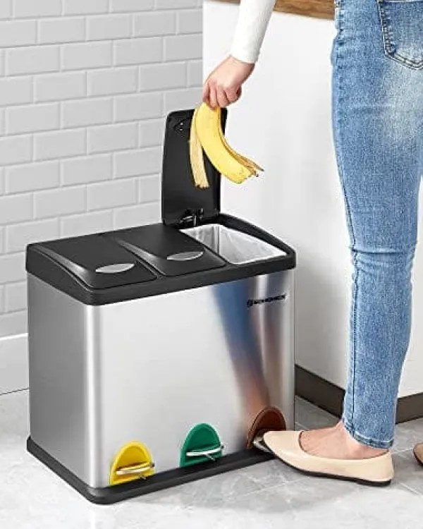 Skraldespande & Papirkurve>Songmics Recycling Bin, 3-in-1 Pedal Bin, 24-Liter Metal Rubbish Bin, sølv