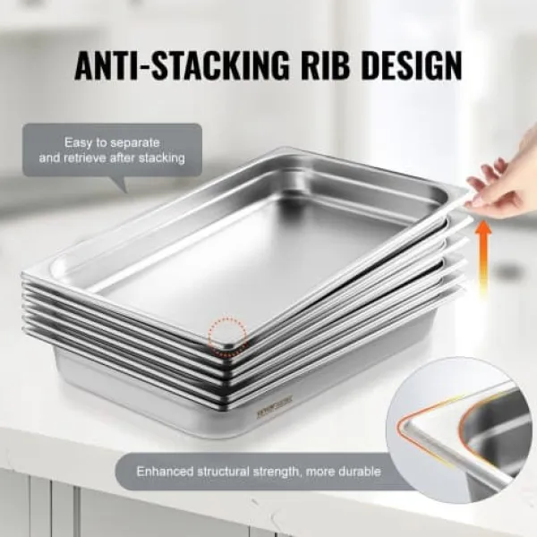 Madopvarmere>Steam Table Pan, 6-pak fuld størrelse anti-jam, 53x32,8x6,7 cm, rustfrit stål, opbevaring