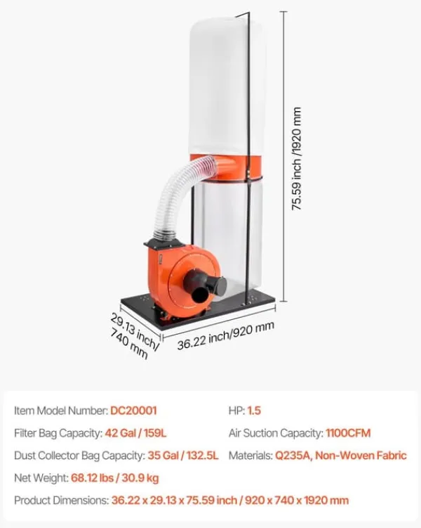 Støvopsamler / spånsuger - Vortex-kegle cyklon - 1100 CFM (1870 m³/t) - 2,5 Mikron - 1,5 HK - 2800 O/min - 132,5 L Opsamlingspose - 159 L Filterpose | CDON
